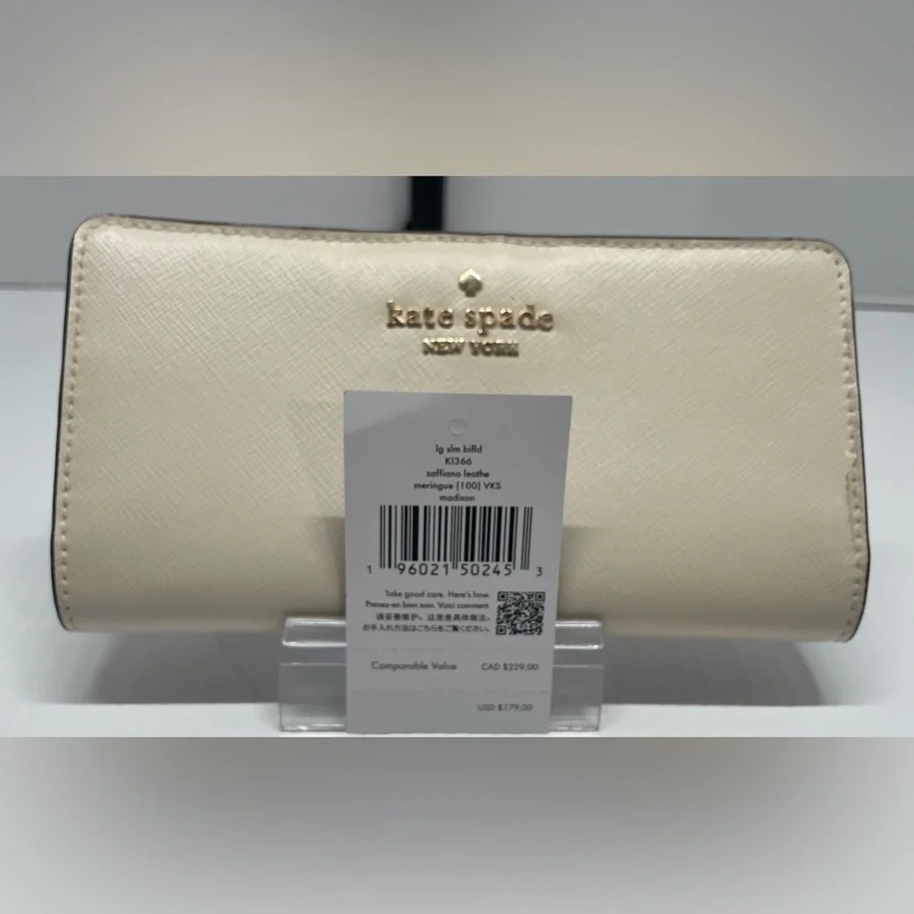 Kate Spade New York Madison Lg Slim Bifold Wallet Meringue,Saffiano Leather NWT